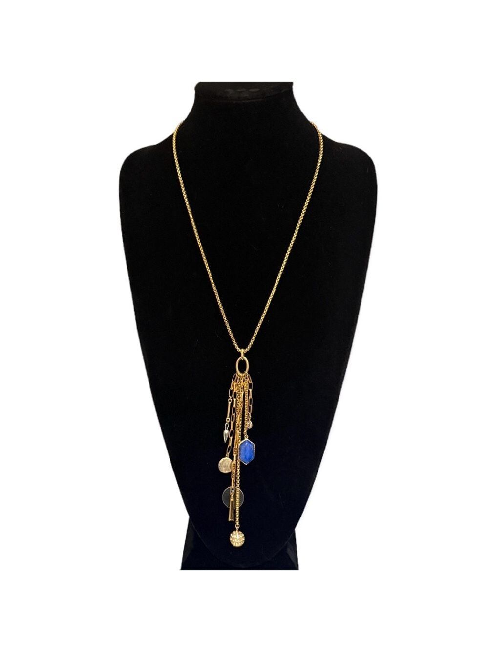 J Jill Gold Multi Charm Tassel Necklace Blue Stone NWT